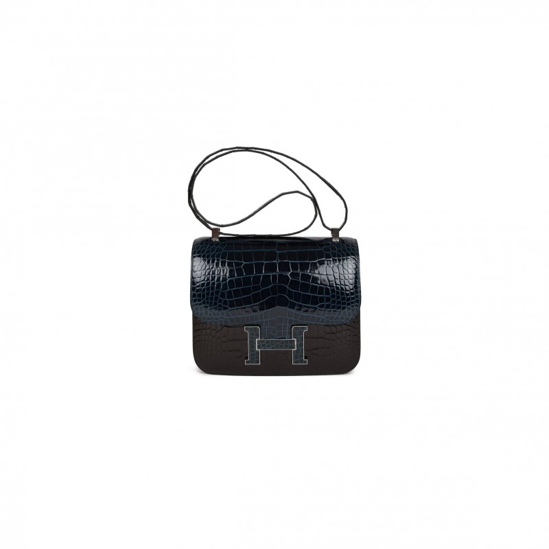 HERMES CONSTANCE 24 TRI-COLOR BLACK, BLEU BALTIQUE AND VERT ROUSSEAU SHINY ALLIGATOR PALLADIUM HARDWARE (24cm)