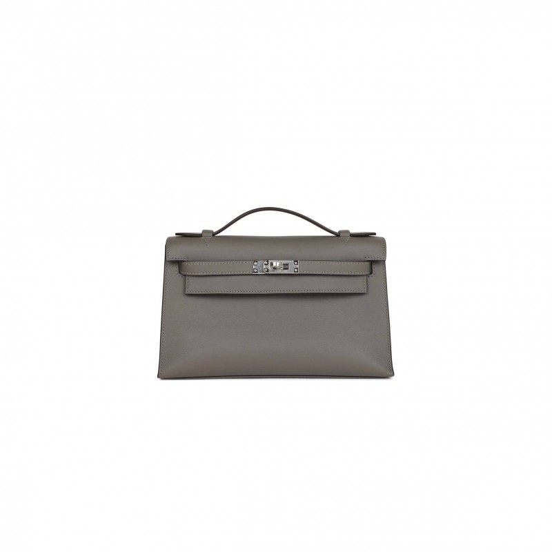 HERMES MINI KELLY POCHETTE GRIS MEYER SWIFT PALLADIUM HARDWARE  (22*14*7cm)