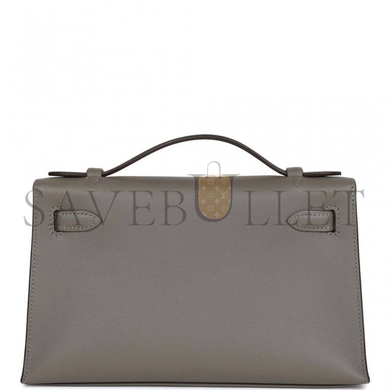 HERMES MINI KELLY POCHETTE GRIS MEYER SWIFT PALLADIUM HARDWARE  (22*14*7cm)