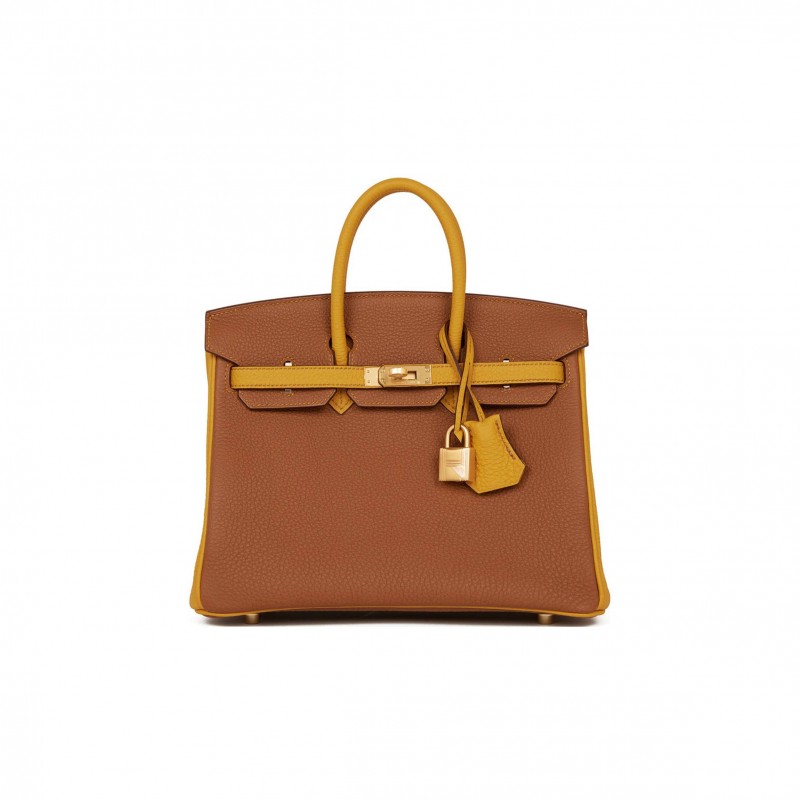 HERMES SPECIAL ORDER (HSS) BIRKIN 25 GOLD AND JAUNE AMBRE TOGO BRUSHED GOLD HARDWARE  HANDMADE(25cm)