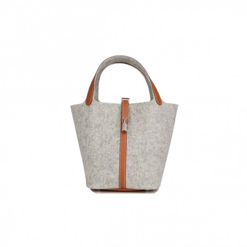 HERMES PICOTIN LOCK 22 GRIS CLAIR FEUTRE AND BARENIA PALLADIUM HARDWARE (22*21*18cm)