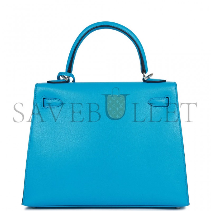 HERMES KELLY SELLIER 25 BLEU FRIDA CHEVRE PALLADIUM HARDWARE (25*17*7cm)