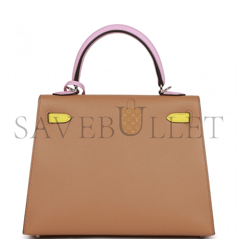 HERMES KELLY SELLIER 25 TRI-COLOR CHAI, LIME AND MAUVE SYLVESTRE EPSOM PALLADIUM HARDWARE(25*17*7cm)