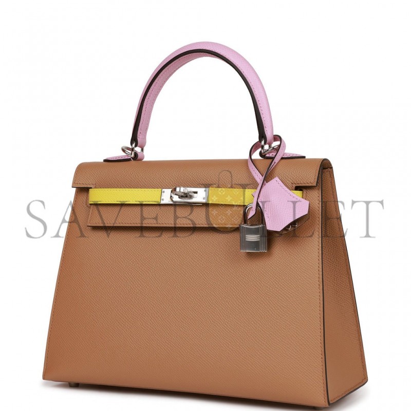 HERMES KELLY SELLIER 25 TRI-COLOR CHAI, LIME AND MAUVE SYLVESTRE EPSOM PALLADIUM HARDWARE(25*17*7cm)