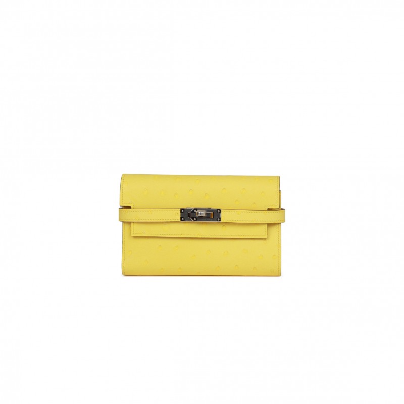 HERMES MEDIUM KELLY DEPLIANT WALLET JAUNE CITRON OSTRICH PALLADIUM HARDWARE (15*10*3cm)