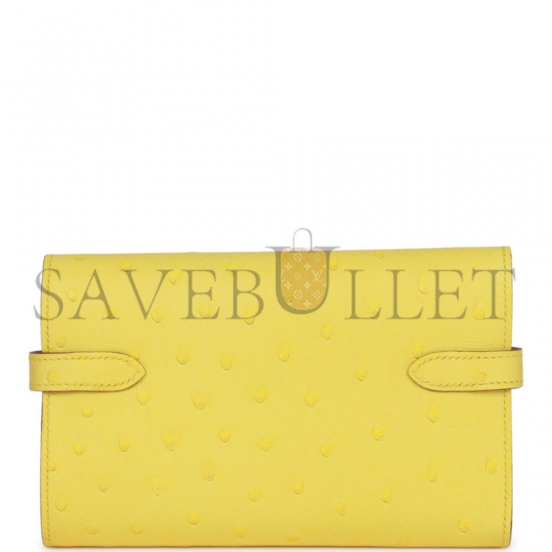 HERMES MEDIUM KELLY DEPLIANT WALLET JAUNE CITRON OSTRICH PALLADIUM HARDWARE (15*10*3cm)