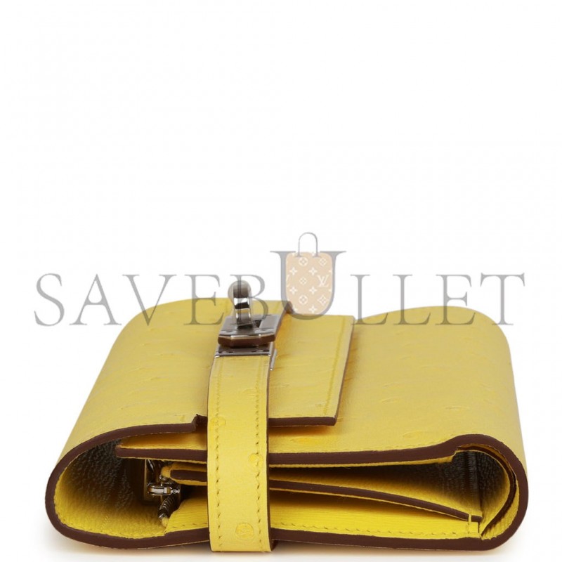 HERMES MEDIUM KELLY DEPLIANT WALLET JAUNE CITRON OSTRICH PALLADIUM HARDWARE (15*10*3cm)