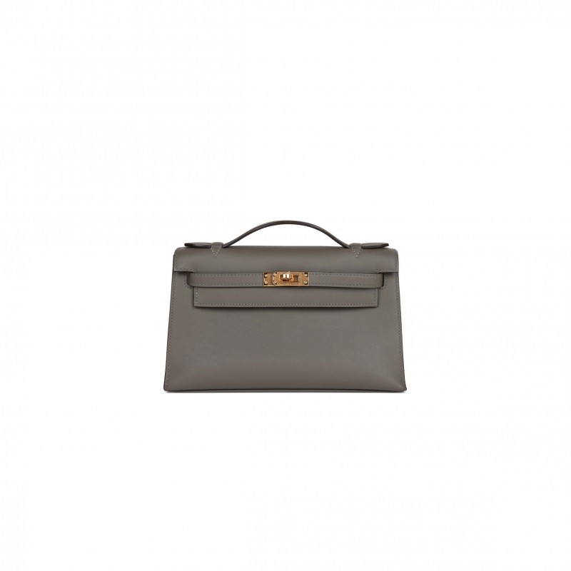 HERMES MINI KELLY POCHETTE GRIS MEYER SWIFT GOLD HARDWARE (22*14*7cm)