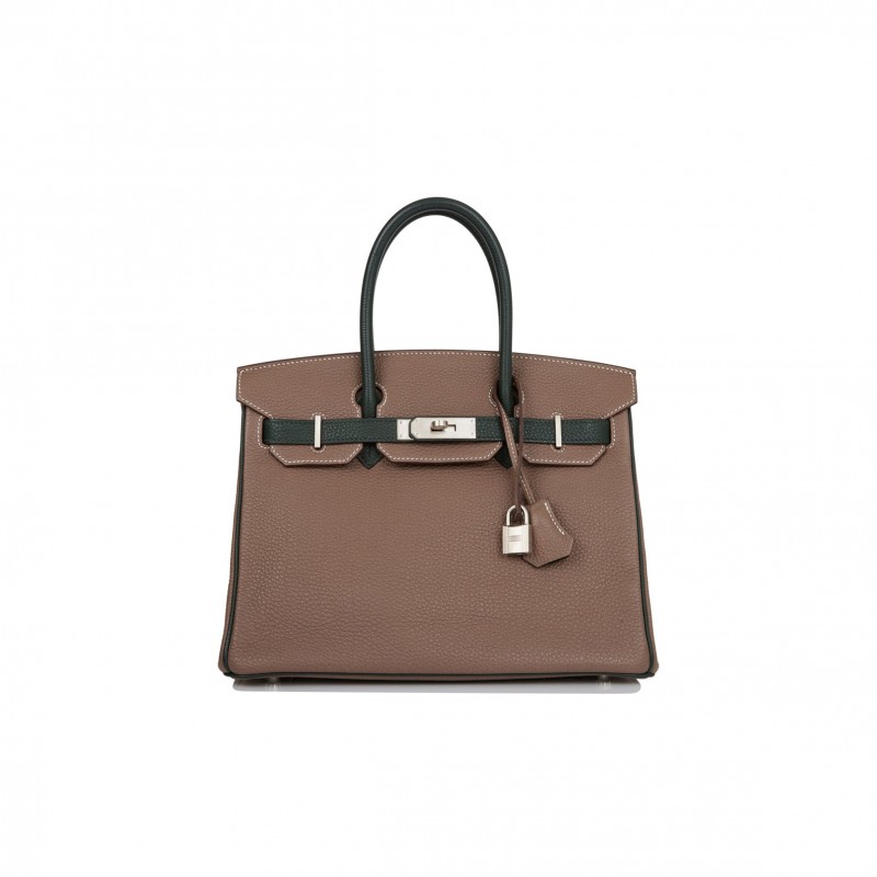 HERMES SPECIAL ORDER (HSS) BIRKIN 30 ETOUPE AND VERT FONCE TOGO BRUSHED PALLADIUM HARDWARE ( 30cm*22*16cm)