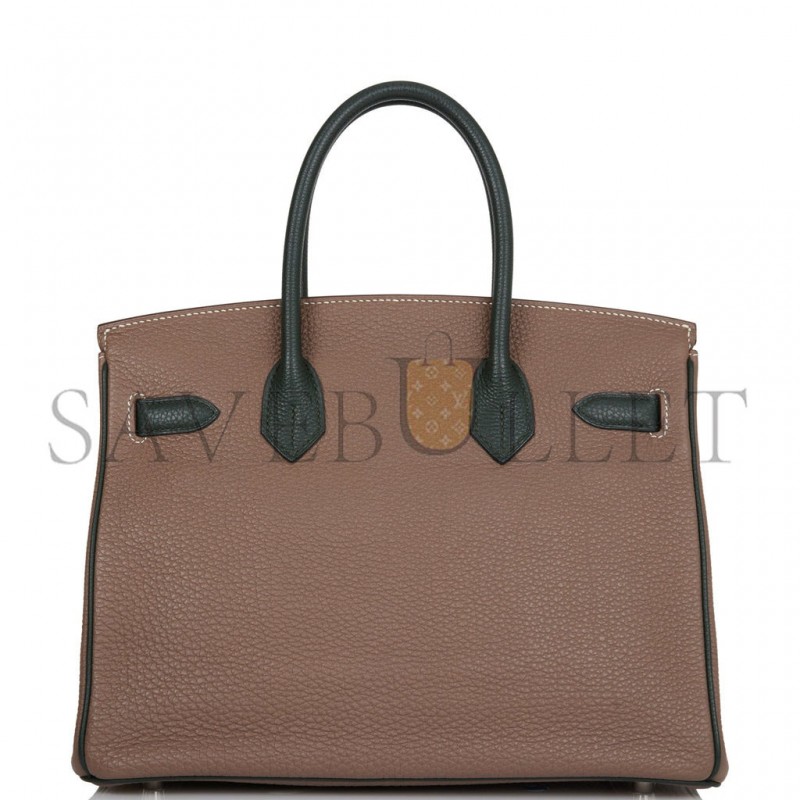 HERMES SPECIAL ORDER (HSS) BIRKIN 30 ETOUPE AND VERT FONCE TOGO BRUSHED PALLADIUM HARDWARE ( 30cm*22*16cm)