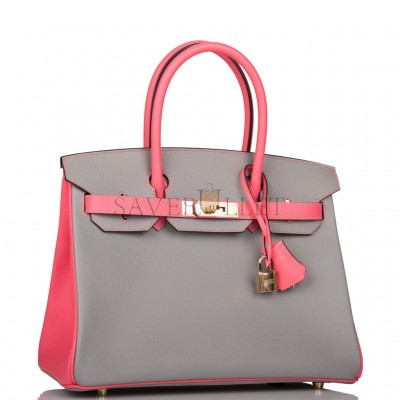 HERMES SPECIAL ORDER (HSS) BIRKIN 30 GRIS MOUETTE AND ROSE AZALEE EPSOM PERMABRASS HARDWARE( 30cm*22*16cm)