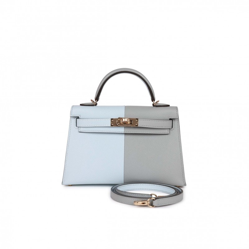 HERMES SPECIAL ORDER (HSS) KELLY MINI SELLIER 20 CASAQUE BLEU BRUME AND GRIS MEYER EPSOM PERMABRASS HARDWARE (19*12*5.5cm)