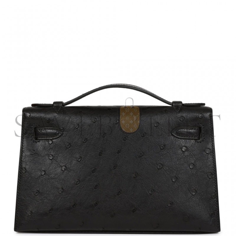 HERMES KELLY POCHETTE BLACK OSTRICH GOLD HARDWARE   (22*12*13cm)