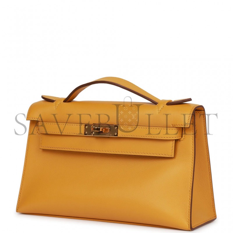 HERMES KELLY POCHETTE JAUNE AMBRE SWIFT GOLD HARDWARE  (22*12*13cm)