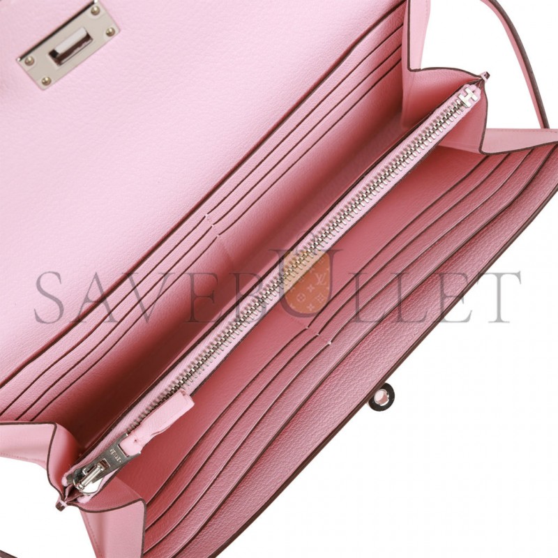 HERMES GHILLIES KELLY WALLET ROSE SAKURA SWIFT PALLADIUM HARDWARE (20cm)