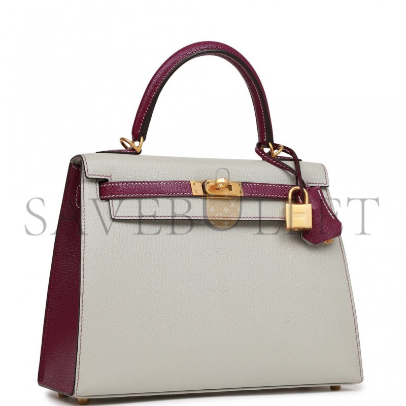 HERMES SPECIAL ORDER (HSS) KELLY SELLIER 25 GRIS PERLE AND ANEMONE CHEVRE BRUSHED GOLD HARDWARE HANDMADE(25*17*7cm)