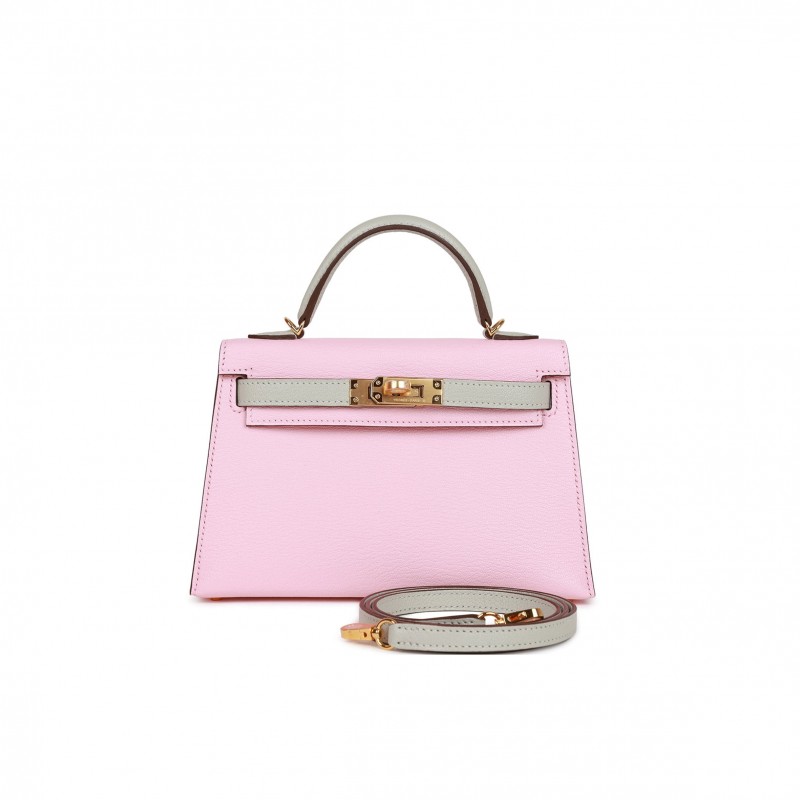 HERMES SPECIAL ORDER (HSS) KELLY SELLIER 20 ROSE SAKURA AND GRIS PERLE CHEVRE GOLD HARDWARE  (19*12*5.5cm)