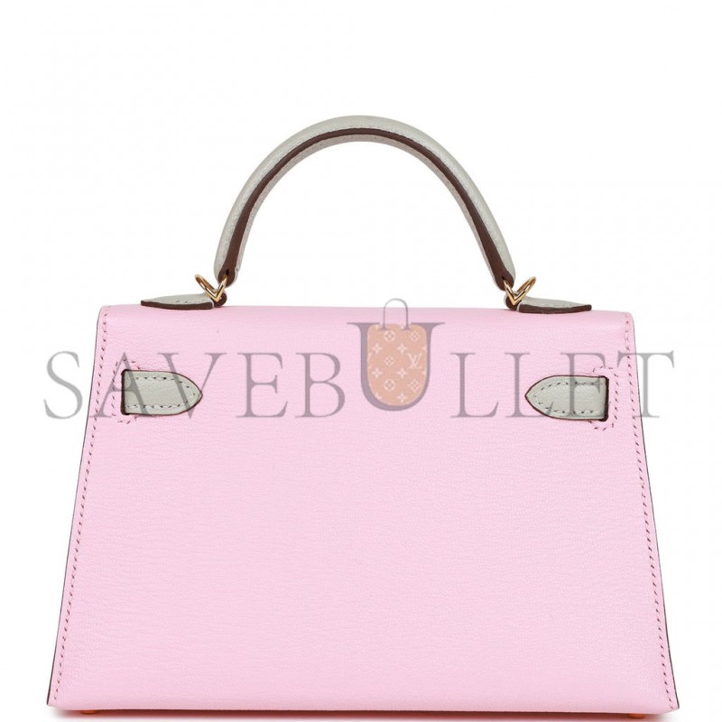 HERMES SPECIAL ORDER (HSS) KELLY SELLIER 20 ROSE SAKURA AND GRIS PERLE CHEVRE GOLD HARDWARE  (19*12*5.5cm)