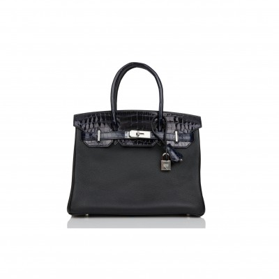 HERMES MASTER BIRKIN 25 BLEU MARINE SHINY NILOTICUS CROCODILE PATTERN AND BLACK NOVILLO TOUCH PALLADIUM HARDWARE (25cm)