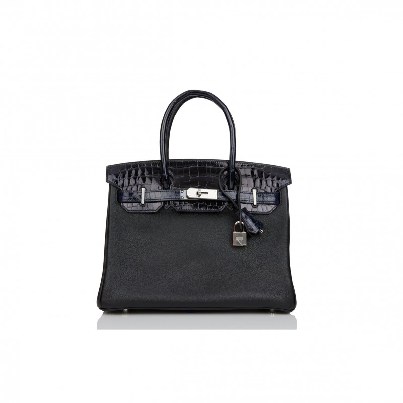 HERMES BIRKIN 25 BLEU MARINE SHINY NILOTICUS CROCODILE PATTERN AND BLACK NOVILLO TOUCH PALLADIUM HARDWARE (25cm)