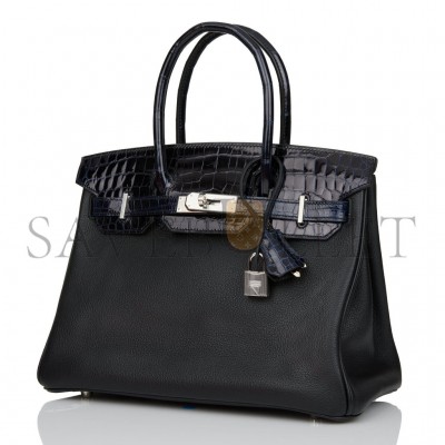 HERMES MASTER BIRKIN 25 BLEU MARINE SHINY NILOTICUS CROCODILE PATTERN AND BLACK NOVILLO TOUCH PALLADIUM HARDWARE (25cm)