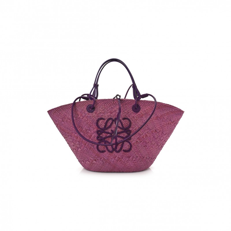 LOEWE CALFSKIN RAFFIA PAULAS IBIZA SMALL ANAGRAM BASKET TOTE BAG PURPLE (19*18*12cm)