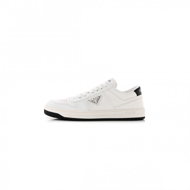 PRADA VITELLO ROIS METAL TRIANGLE LOGO WOMENS DOWNTOWN LOW TOP 30MM SNEAKERS 39.5 WHITE BLACK