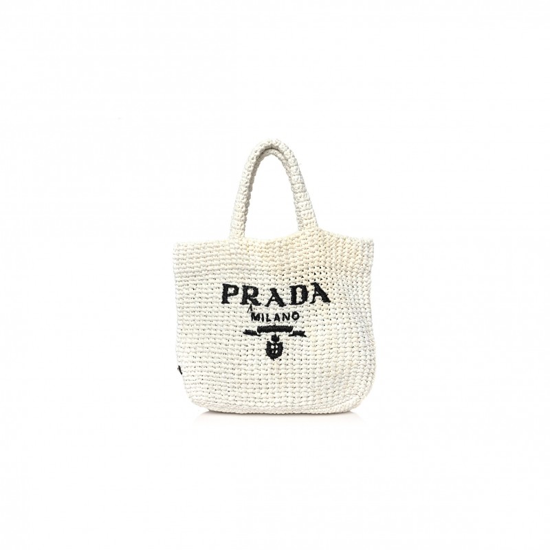 PRADA YARN RAFFIA EFFECT CROCHET EMBROIDERED SMALL LOGO TOTE WHITE (25*23*8cm)