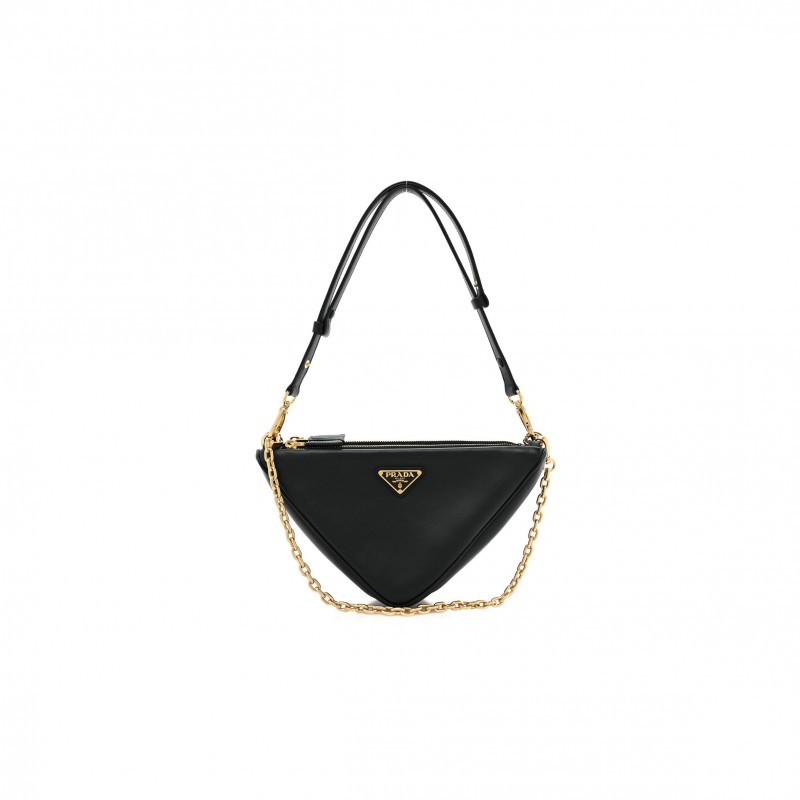 PRADA JACQUARD TRIANGOLO SYMBOLE EMBROIDERED MINI TRIANGLE SHOULDER BAG BLACK CILIEGIA (28*15*6cm)