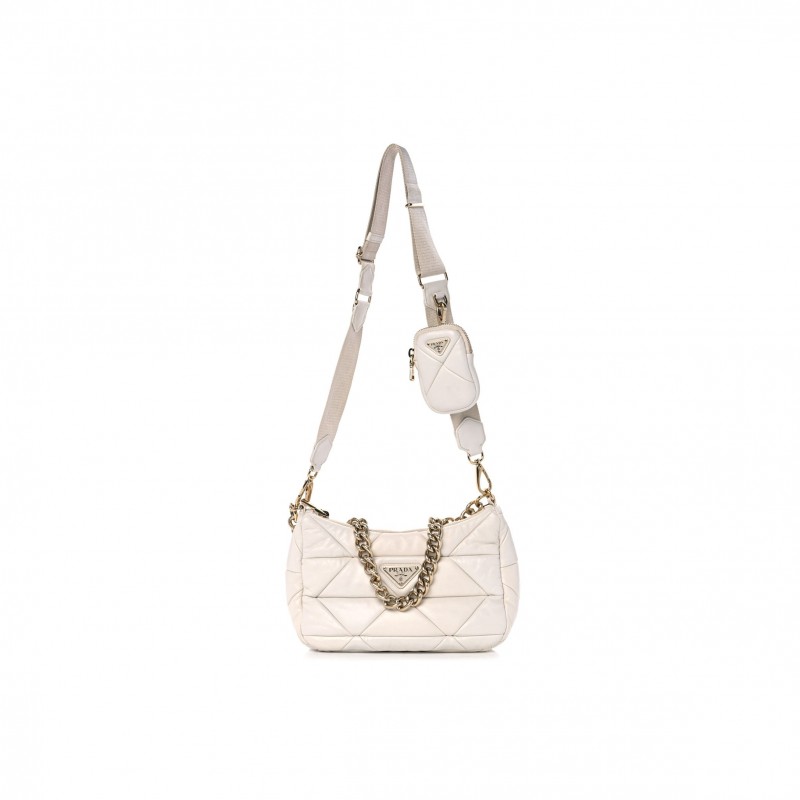 PRADA NAPPA NYLON QUILTED PATCHWORK SYSTEM FLAP BAG WHITE (20*15*8cm)