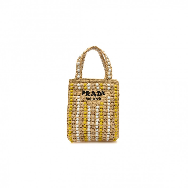 PRADA RAFFIA EMBROIDERED WOOD BEADED LOGO TOTE BAG TAN (25*20*6cm)