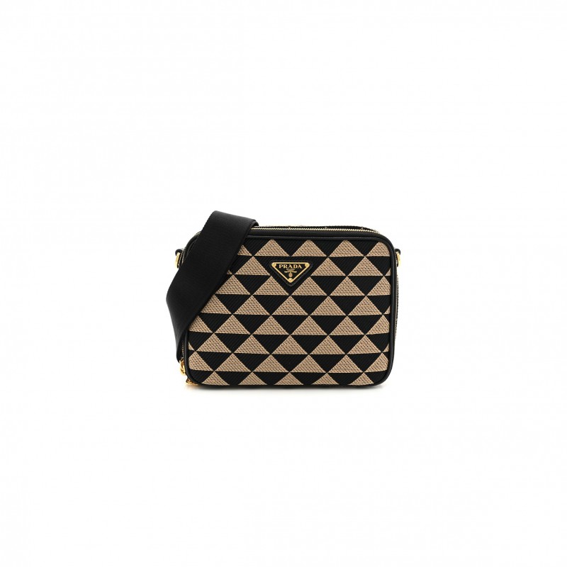 PRADA JACQUARD SAFFIANO TRIANGOLO SYMBOLE EMBROIDERED SMALL SHOULDER BAG BLACK CORDA (23*17*7cm)