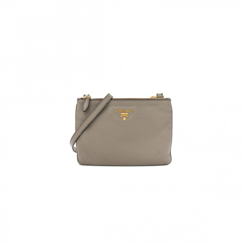 PRADA VITELLO DAINO DOUBLE ZIP CROSSBODY BAG ARGILLA (24*17*2cm)