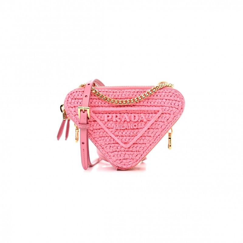 PRADA RAFFIA EFFECT YARN CROCHET MINI TRIANGLE POUCH PETAL PINK (15*10*5cm)