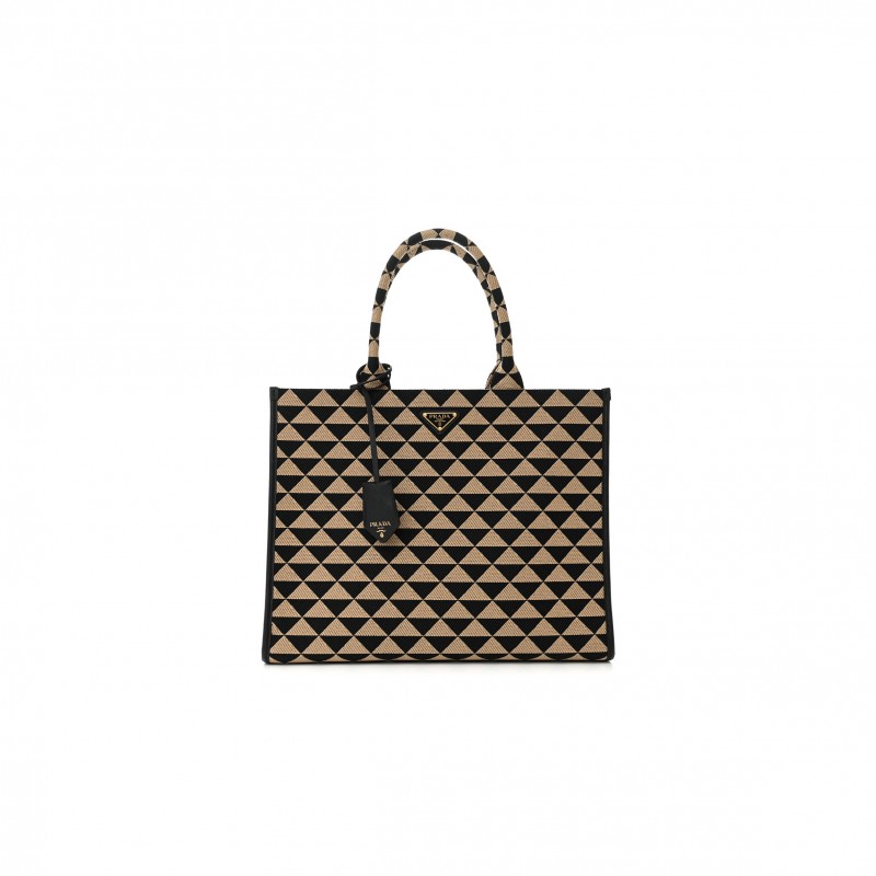 PRADA JACQUARD SAFFIANO TRIANGOLO SYMBOLE EMBROIDERED LARGE TOTE BLACK CORDA (39*31*10cm)