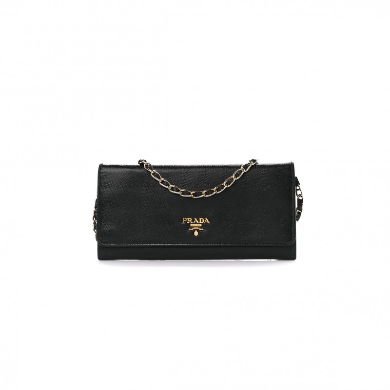 PRADA SAFFIANO METAL ORO CHAIN WALLET BLACK (21*11*2cm)