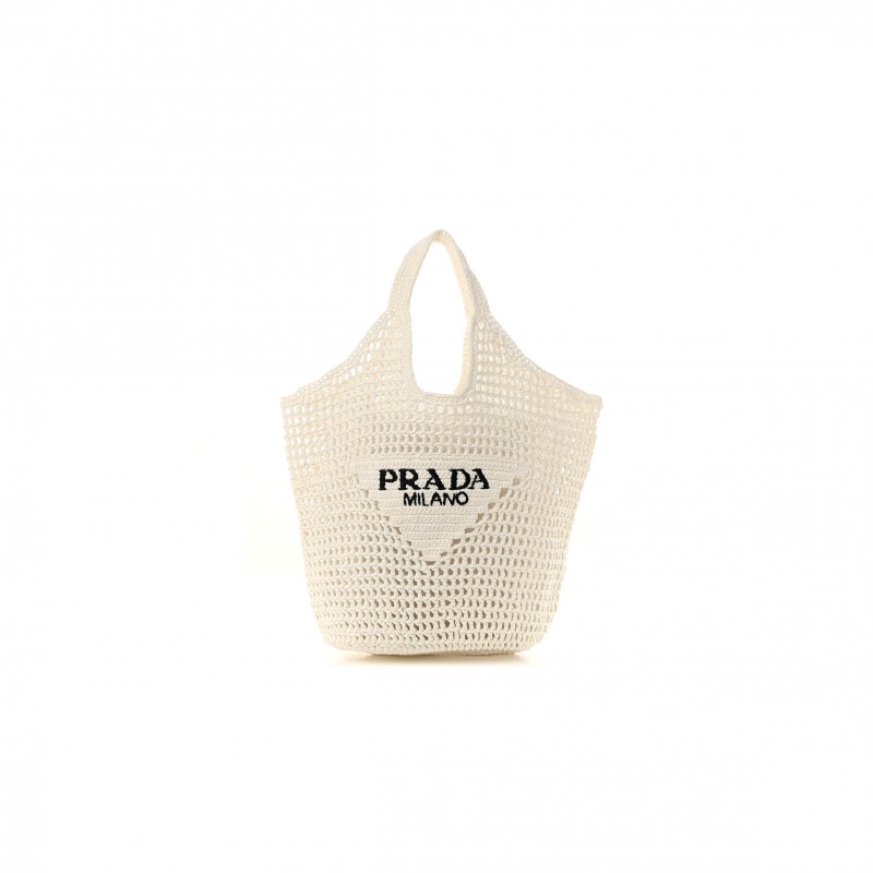 PRADA RAFFIA EMBROIDERED LOGO SHOPPING TOTE BAG BIANCO (42*32*15cm)