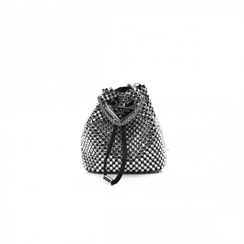 PRADA SATIN CRYSTAL DRAWSTRING MINI POUCH BLACK (9*9*6cm)