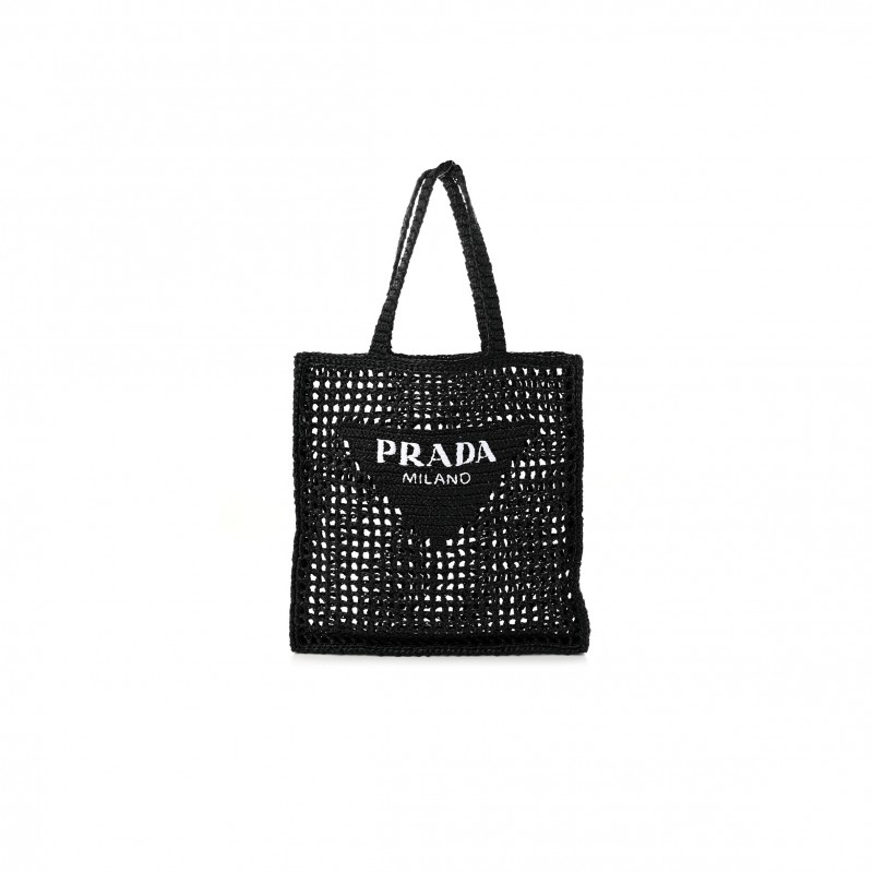 PRADA RAFFIA EMBROIDERED LOGO TOTE BAG BLACK (37*37*4cm)