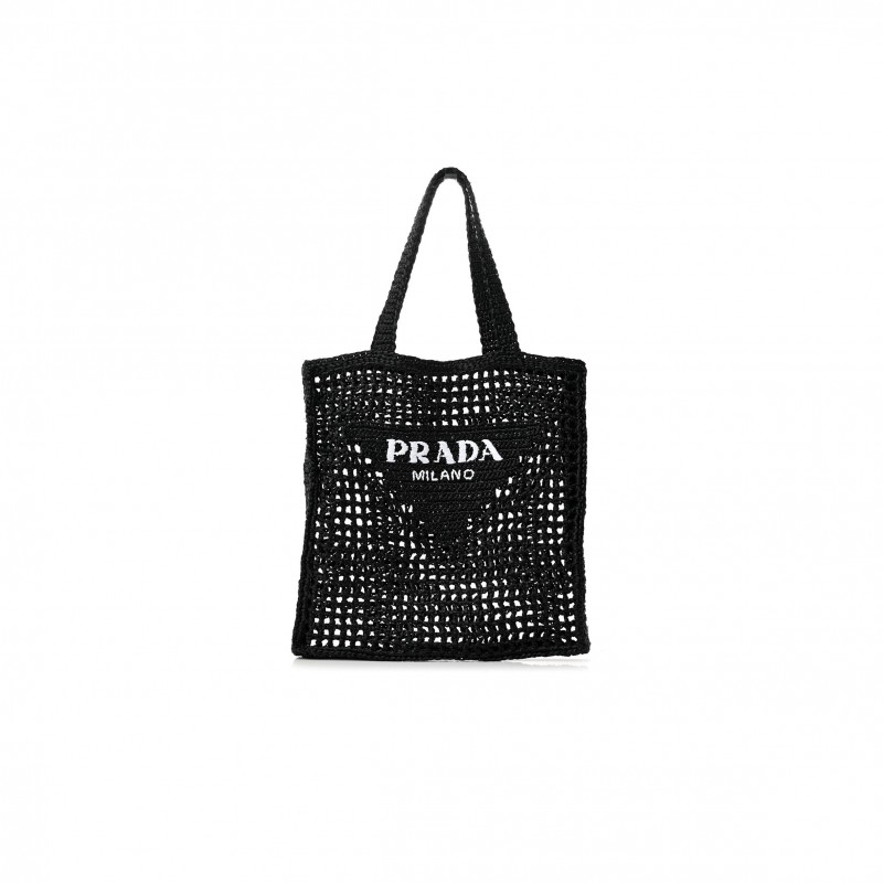 PRADA RAFFIA EMBROIDERED LOGO TOTE BAG BLACK (37*36*4cm)