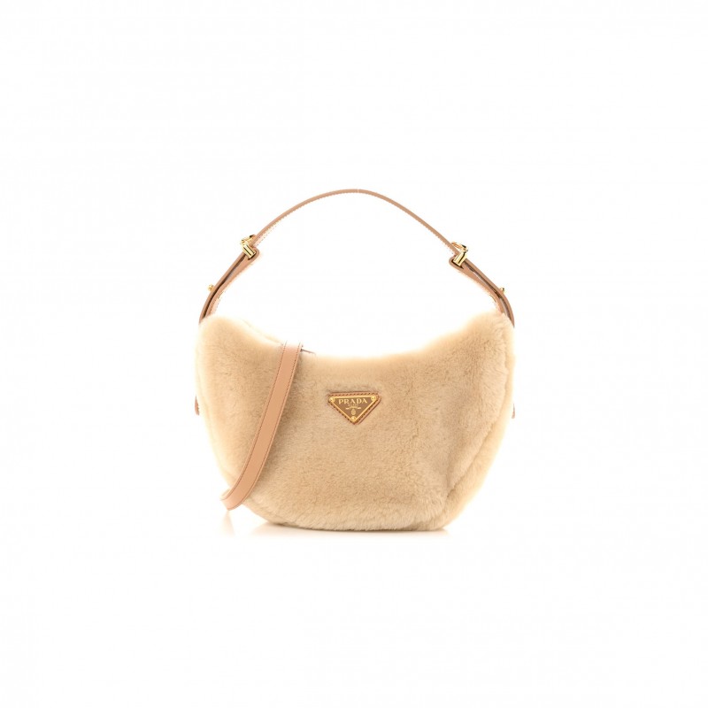 PRADA SHEARLING ARQUE SHOULDER BAG ECRU NOISETTE (23*19*6cm)