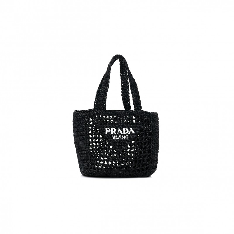 PRADA RAFFIA EMBROIDERED SMALL LOGO TOTE BAG BLACK (23*22*11cm)