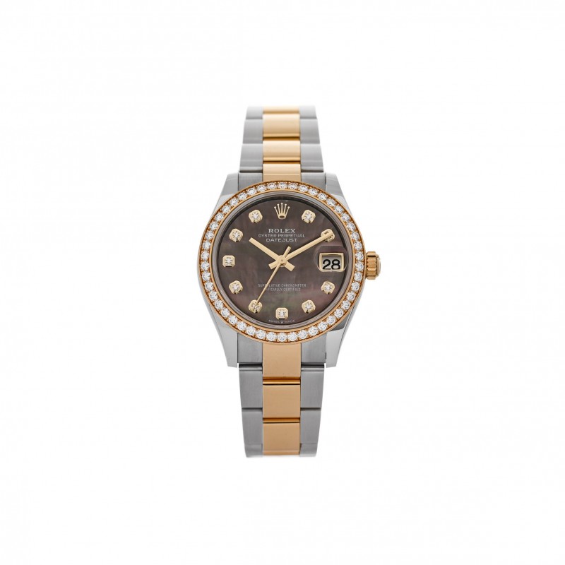 ROLEX STAINLESS STEEL 18K YELLOW GOLD DIAMOND BLACK MOTHER OF PEARL 31MM OYSTER PERPETUAL DATEJUST WATCH 278383RBR