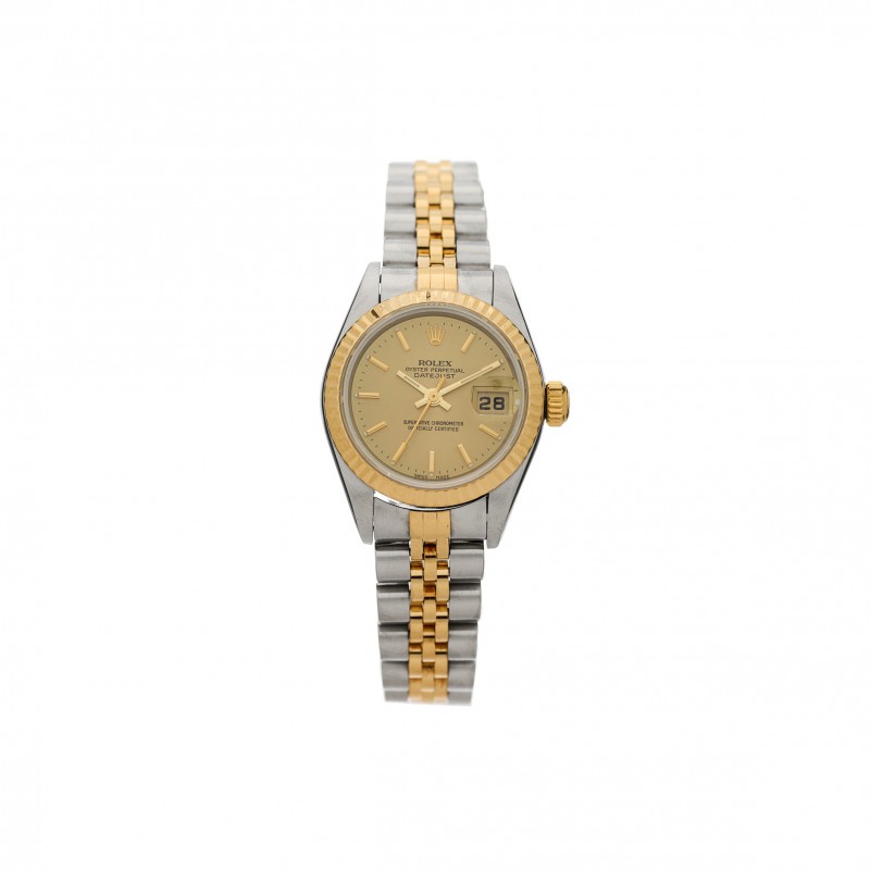 ROLEX STAINLESS STEEL 18K YELLOW GOLD 26MM OYSTER PERPETUAL DATEJUST WATCH CHAMPAGNE 79173