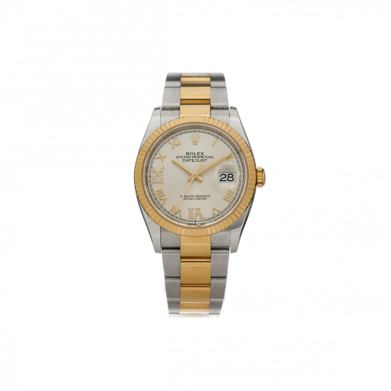 ROLEX STAINLESS STEEL 18K YELLOW GOLD DIAMOND 36MM OYSTER PERPETUAL DATEJUST WATCH SILVER ROMAN 126233