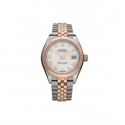 ROLEX STAINLESS STEEL 18K EVEROSE GOLD 28MM OYSTER PERPETUAL DATEJUST WATCH WHITE ROMAN 279171