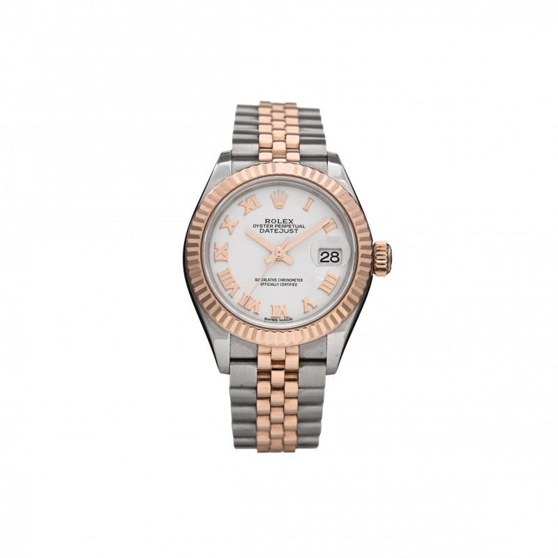 ROLEX STAINLESS STEEL 18K EVEROSE GOLD 28MM OYSTER PERPETUAL DATEJUST WATCH WHITE ROMAN 279171