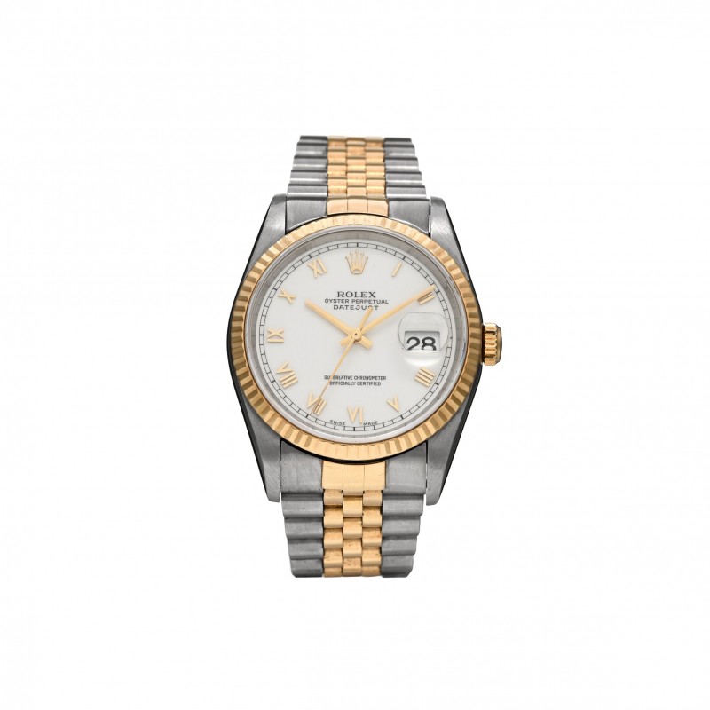 ROLEX STAINLESS STEEL 18K YELLOW GOLD 36MM OYSTER PERPETUAL DATEJUST WATCH WHITE ROMAN 16233