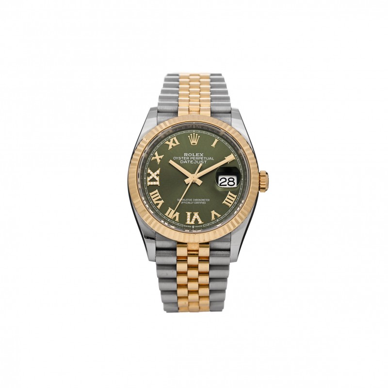 ROLEX STAINLESS STEEL 18K YELLOW GOLD DIAMOND 36MM OYSTER PERPETUAL DATEJUST WATCH OLIVE GREEN ROMAN 126233