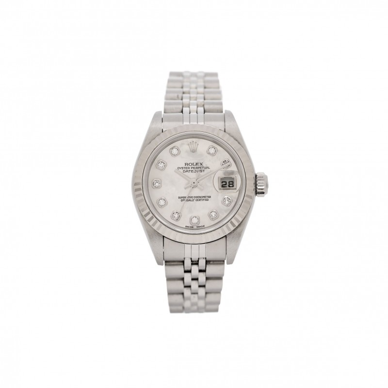 ROLEX STAINLESS STEEL 18K WHITE GOLD DIAMOND MOTHER OF PEARL 26MM OYSTER PERPETUAL DATEJUST WATCH 79174